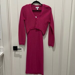 Sophia jeans, hot pink sweater, dress, and cardigan